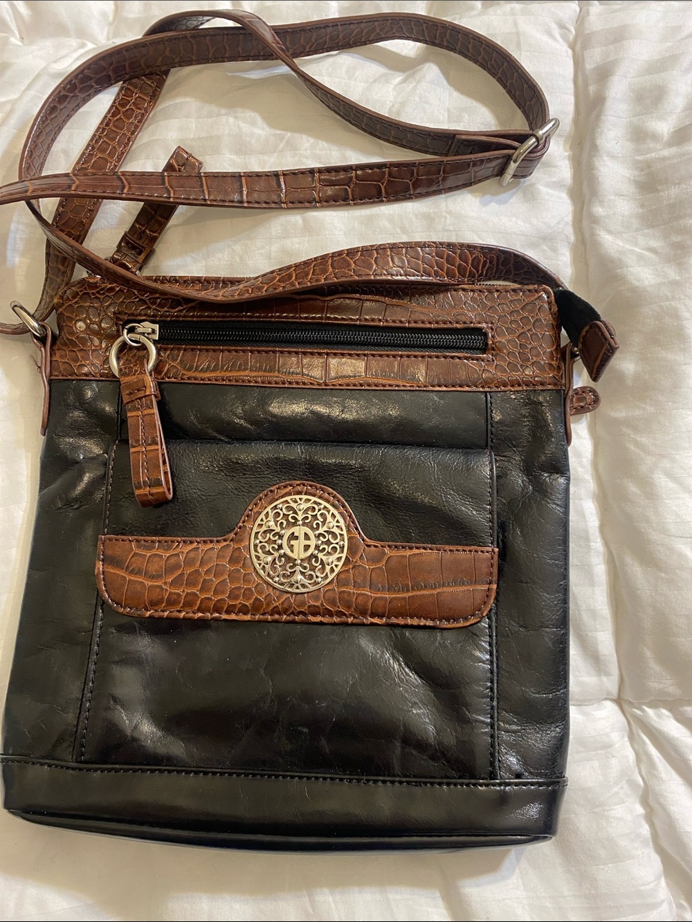 Giani Bernini Black and Brown Croc-Trim Crossbody/Shoulder Bag